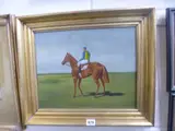 equestrian portrait, jockey in racing silks on horse, oil on board, signed by James B Woods Arms, oil on board, sold Mar 2016