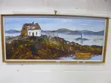 fishermans cottage on rocks with nets and boat, Brian White ?, approximate size 45cm x 105.5cm by Acrylic On Board, ACRYLIC ON BOARD, sold Mar 2016