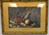still life pears, plums and white grapes on mossy bank and another with by Oliver Clare, oil, sold Mar 2016