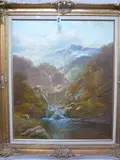 oil on canvas, Highland waterfall, mountain landscape, signed bottom by Andrew Grant Curtis, oil on canvas, sold Mar 2016