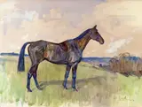 A brown hunter in a landscape Signed and dated ~54 Watercolour on buff paper 39 x 52.25cm ++A few small fox marks otherwise good condition by Peter Biegel, Watercolour on buff paper, offered Jun 2016