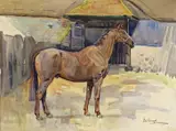 A chestnut hunter by a stable, possibly at Uppark Signed Watercolour on buff paper 38.5 x 52.25cm ++Good condition by Peter Biegel, Watercolour on buff paper, sold Jun 2016