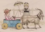Children with a goat and cart; Teasing crabs A pair, both signed with initials Pen by Kate Greenaway, Pen, ink and watercolour on buff paper Each, offered Jun 2016