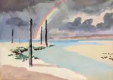 Coastal landscape with a rainbow by Mervyn Peake, Watercolour, sold Jun 2016