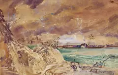 Farmland view with a plough Signed and dated 1943 Pen by Thomas Hennell, 1943, Pen, ink and watercolour, sold Jun 2016