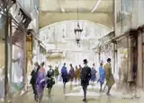 Window shopping, Burlington Arcade Signed Watercolour over pencil 22.5 x 31.5cm Provenance: Wykeham Gallery, Stockbridge ++Good condition by Dennis Page, Watercolour over pencil, sold Jun 2016