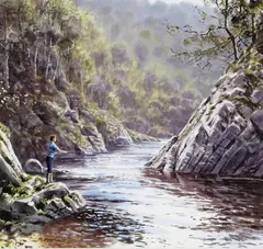 Salmon fishing - summer Signed Watercolour 28 by Rodger McPhail, Watercolour, sold Jun 2016