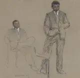 Study of young men in suits Signed and dated 55 Graphite with coloured chalk on buff paper 19 x 20cm Provenance: Professor Rodney Fitch C.B.E by Jehan Daly, Graphite with coloured chalk on buff paper, sold Jun 2016
