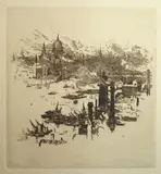 View of the Thames, London Signed, titled indistinctly Etching, unframed 11 x 10cm With 8 further etchings and prints by different hands (9) by William Lionel Wyllie, Etching, unframed, offered Jun 2016