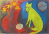 Still life with yellow dog by Louise McClary, acrylic on paper, sold Apr 2016