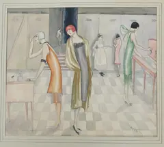 In The Powder Room watercolour and pencil on paper, highlighted with silver, mounted, unframed signed Dodo lower right, 31 x 27 (image) by Dorte Clara Dodo Burgner, watercolour and pencil on paper, sold Apr 2016