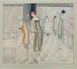 In The Powder Room watercolour and pencil on paper, highlighted with silver, mounted, unframed signed Dodo lower right, 31 x 27 (image) by Dorte Clara Dodo Burgner, watercolour and pencil on paper, sold Apr 2016