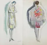Woman with a Shawl, and Woman in a Yellow Dress two pencil and ink wash on paper sketches, unframed unsigned, one dated 1925 (2) 54 x 33cm by Dorte Clara Dodo Burgner, 1925, pencil and ink, sold Apr 2016