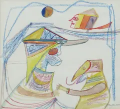 Conversations with Nice People, 1985 watercolour and coloured pencil on paper, framed signed lower right by Patrick Hayman, watercolour and coloured, sold Apr 2016