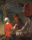 The fish vendor Signed Oil on canvas laid on panel 42 x 33.25cm; 16½ x 13¼in ++Some restoration, some light rubbing to margins, varnish patchy, good condition by Louis de Moni, Oil on canvas laid on panel, offered Mar 2016