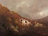 Pointers and spaniel in a moorland landscape Signed and dated 1815 Oil on panel 46 x 61cm; 18 x 24in ++Good restored condition by Charles Henry Schwanfelder, 1815, Oil on panel, offered Mar 2016