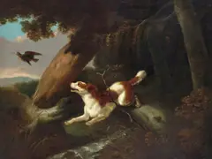 A spaniel chasing a woodcock in a wood by Philip Reinagle, Oil on canvas, sold Mar 2016