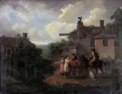 Travellers by an inn Signed indistinctly Oil by Julius Caesar Ibbetson, Oil on panel, offered Mar 2016