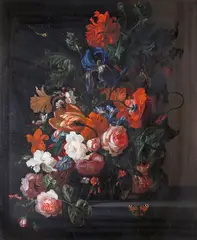Summer still life with roses, tulips, iris and other flowers Signed by Ernst Stuven, Oil on canvas in a carved wood frame, sold Mar 2016