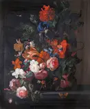 Summer still life with roses, tulips, iris and other flowers Signed by Ernst Stuven, Oil on canvas in a carved wood frame, sold Mar 2016