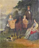 Family portrait with children in panniers in a coastal landscape by W.J. Bowden, 1853, Oil on canvas, sold Mar 2016