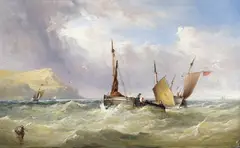Shipping off the coast Signed with initials on the buoy Oil on card 22 by Henry King Taylor, Oil on card, sold Mar 2016