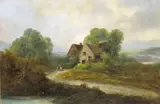 A mother and children by a country cottage Signed and dated 59 Oil on canvas 51 x 76cm; 20 x 30in ++Relined, good restored condition by Joseph Horlor, Oil on canvas, offered Mar 2016