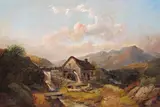 Rustics on a bridge and cattle by a lake by Joseph Horlor, oil on canvas, sold Mar 2016