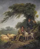 Shepherds and sheep by a tree Oil on canvas 31 x 25.5cm; 12 x 10in ++Old lining and restoration, restored paint separation, varnish a little patchy by George Morland, Oil on canvas, sold Mar 2016