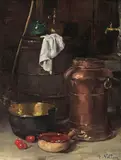 Still life with a copper churn and brass pan Signed Oil on panel 32 x 24.5cm; 12½ x 9½in ++Good condition by Antoine Vollon, Oil on panel, sold Mar 2016