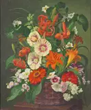 Still life of lilies and summer flowers in a basket Signed and by John E. Nicholls, Oil on board, offered Mar 2016