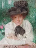 Portrait of an Edwardian lady Signed Oil on panel 35.5 x 26cm; 14 x 10in ++A little paint separation, some abrasions by Arthur Hacker, Oil on panel, sold Mar 2016