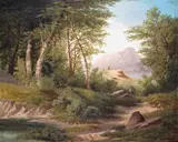 Traveller in a wooded mountain landscape Signed Oil on canvas 56 x 68.5cm; 22 x 27in ++Some visible craquelure and some retouching to margins by Georg Schlugg, Oil on canvas, sold Mar 2016