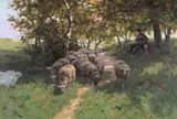 A shepherd and flock on a shady track Signed Oil on canvas 33 x 48cm; 13 x 19in by Willem Steelink, Oil on canvas, sold Mar 2016