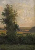 Figure in a summer landscape Signed and dated 1869 Oil on panel 13.5 x 9.5cm; 5¼ x 3¼in ++Would be enhanced by a light clean, good condition by Henri Marcette, 1869, Oil on panel, sold Mar 2016