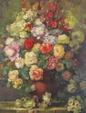 Still life of roses and summer flowers in an urn Signed Oil on board 94 x 74cm; 37 x 29in ++Good condition by John Wilson, Oil on board, offered Mar 2016