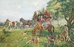 A hunt waiting for the London to Exeter mail coach to pass Signed Oil on canvas 61 x 92cm; 24 x 36in ++Unlined, good condition by Gilbert Scott Wright, Oil on canvas, sold Mar 2016