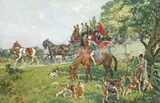 A hunt waiting for the London to Exeter mail coach to pass Signed Oil on canvas 61 x 92cm; 24 x 36in ++Unlined, good condition by Gilbert Scott Wright, Oil on canvas, sold Mar 2016