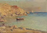 A fishing boat by a rocky shore Signed Oil on panel 28 x 39cm; 11 x 15½in ++Chip lower left corner, surface clean required, otherwise in good condition by Vincenzo Colucci, Oil on panel, sold Mar 2016