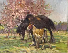 A mare and foal in springtime Signed Oil on canvas laid on board 35 x 43cm; 13¾ x 17in ++A litle retouching to margins by Arthur Spooner, Oil on canvas laid on board, sold Mar 2016