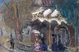 Figures on a street Signed Oil on canvas 26.5 x 40cm; 10½ x 15in ++Unlined, a little cracking to paint impasto, good condition by Gabriel Dauchot, Oil on canvas, offered Mar 2016
