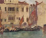A fishing boat and gondolas on a canal in Venice Signed and dated 1910 Oil on canvas laid on board, unframed 22 x 26cm; 8½ x 10½in ++Good condition by Robert Charles Goff, 1910, Oil on canvas laid on board, unframed, sold Mar 2016