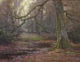 Winter woodland Signed and dated 1916 Oil on canvas 36 x 46cm; 14 x 18in ++Unlined, 2 small repairs with retouching otherwise good condition by Frederick Golden Short, 1916, Oil on canvas, sold Mar 2016