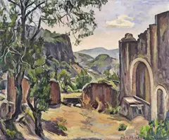 A lodging in the mountains in Mexico; A wooded landscape Two, the first signed Both oil on canvas, one unframed Each 50 x 61cm; 19½ x 24in (2) by Peter Morris, oil on canvas, sold Mar 2016