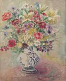 Still life of summer flowers in a vase Signed Oil by Lina Monier, Oil on panel, sold Mar 2016