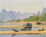 River Li, near Guilin, China Signed Oil on canvas 20 x 25cm; 8 x 10in ++Good condition by Julian Barrow, Oil on canvas, offered Mar 2016