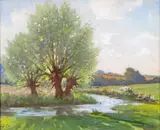 Willows in a river landscape Signed Oil on canvasboard 33 x 40.5cm; 13 x 16in ++Some linear craquelure in sky otherwise good condition by William Llewellyn, Oil on canvasboard, sold Mar 2016