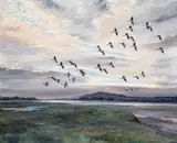 Pinkfeet on the Solway Signed and dated 1950 Oil on canvas 63.5 x 76cm; 25 x 30in Provenance: Rowland Ward, London ++Unlined, good condition by Hugh Monahan, 1950, Oil on canvas, sold Mar 2016