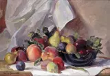 Still life of fruit with a bowl Signed Oil on board 35 x 51cm; 13¾ x 20in ++Good condition by Stuart Scott Somerville, Oil on board, offered Mar 2016