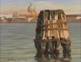 The Redentore from the Zattere, Venice Signed and dated 91 Oil on canvas 15 x 20cm; 6 x 8in by Anthony Oakshett, Oil on canvas, sold Mar 2016